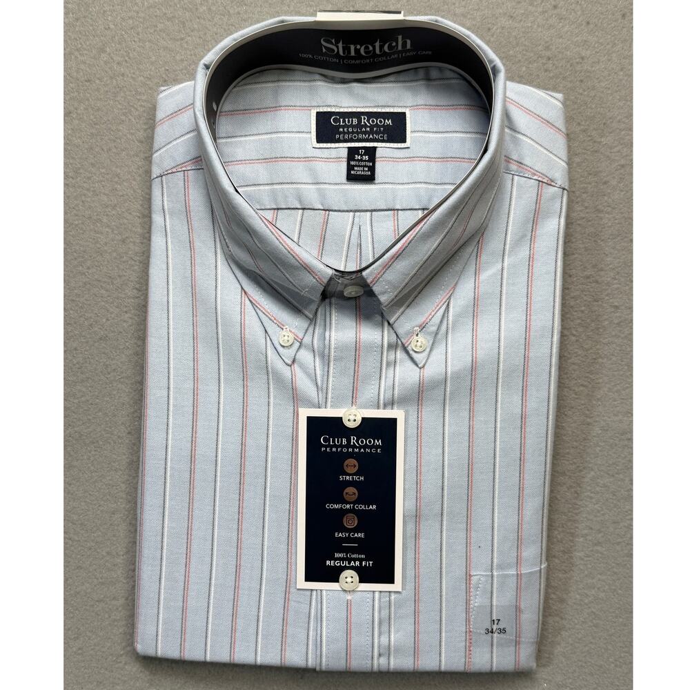 Club Room Men's Stripe Oxford Dress Shirt light Blue Red 17 34/35 $60